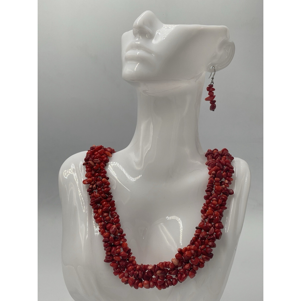 Red Coral Gemstone Chip Beaded Chunky Statement Layered Necklace Earring Set